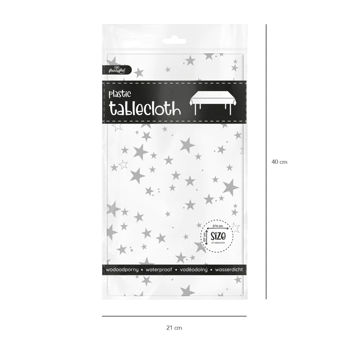 White Plastic tablecloth with silver stars 137x274cm 1