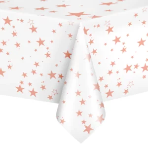 White Plastic tablecloth with rose gold stars 137x274cm