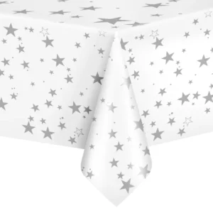 White  Plastic tablecloth with silver stars 137x274cm