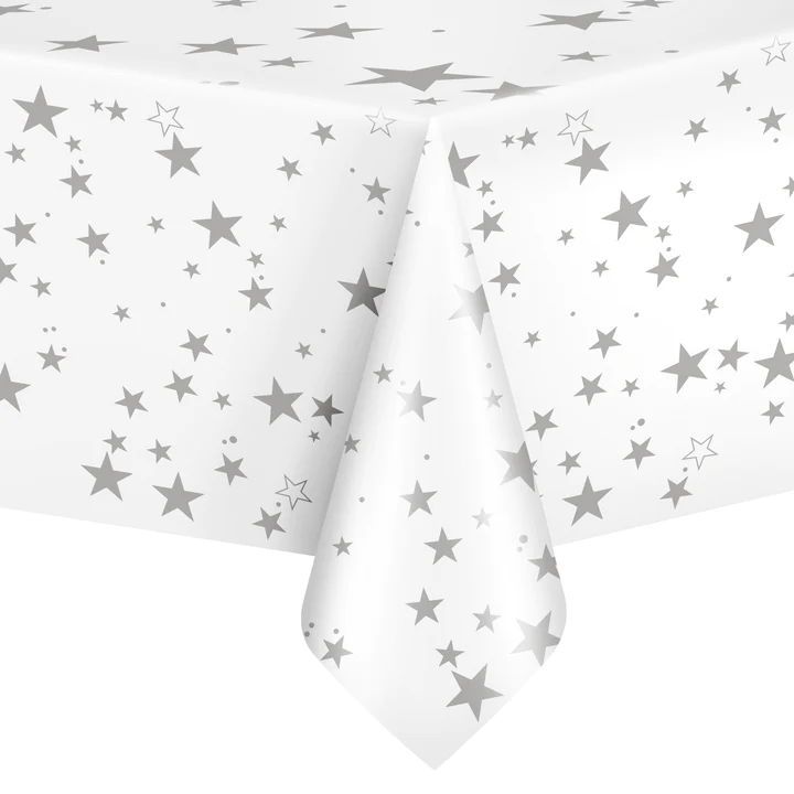White tablecloth with silver stars 137x274cm