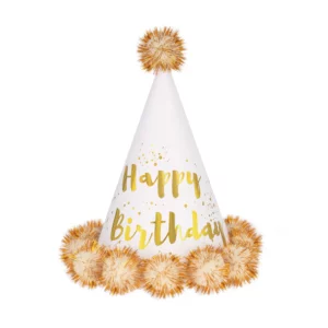 6 Birthday hats with pompoms Happy Birthday cream-gold
