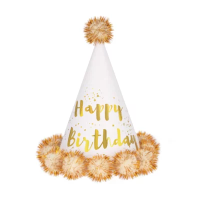 6 Birthday hats with pompoms Happy Birthday cream-gold
