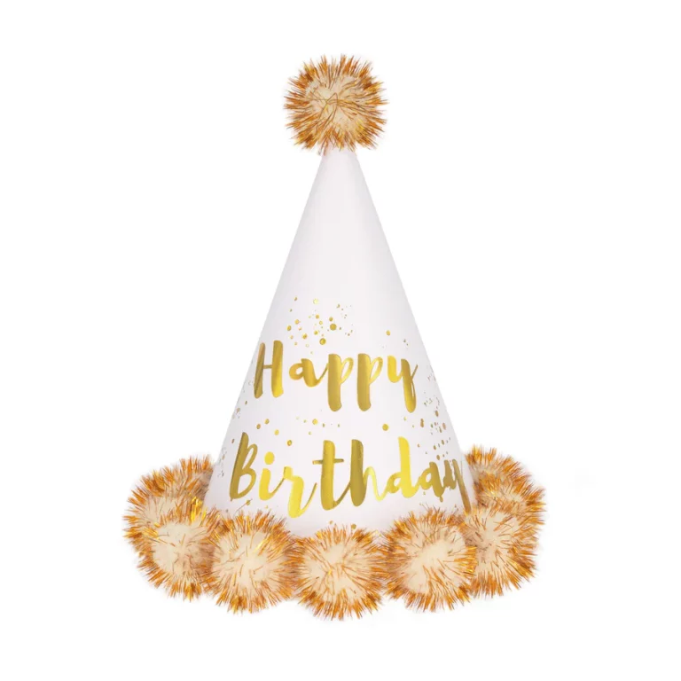 Birthday hat with pompoms Happy Birthday cream-gold 1pc.