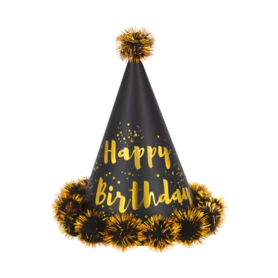 6 Birthday hats with pompoms Happy Birthday black-gold