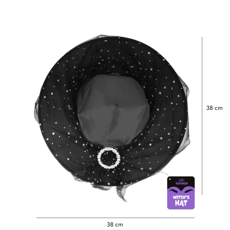 Witch hat with tulle, black and silver, 38x32cm 1