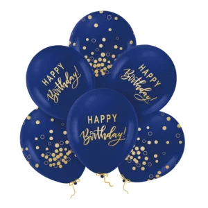 Happy Birthday balloons, navy blue and gold, 2 sets of 6 pcs.