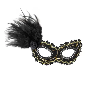 Carnival mask with feathers, black and Gold, 18,5x 15cm