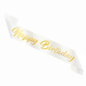 Happy Birthday birthday sash, white and gold, 10x160cm