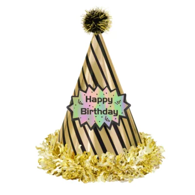 6 pc Birthday hat with pompom Happy Birthday striped black and gold