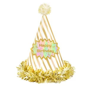6 pc Birthday hat with pompom Happy Birthday striped white and gold