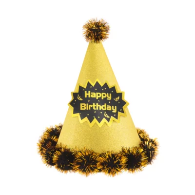 6Birthday hat with pompoms Happy Birthday glitter gold and black