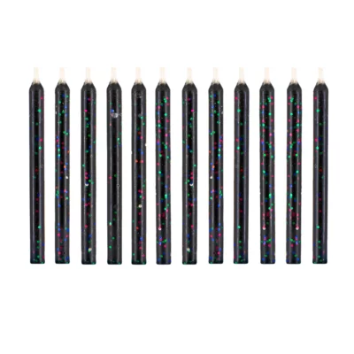 Unextinguished birthday candles black with coloured glitter 12 pcs.
