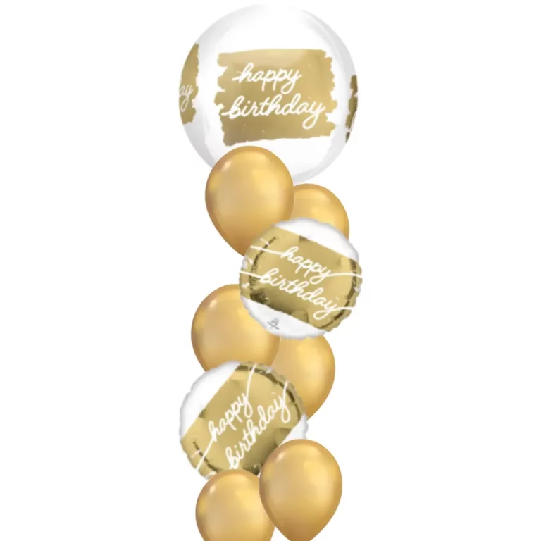 Happy birthday gold white orbs bouquet Happy birthday gold white orbs bouquet
