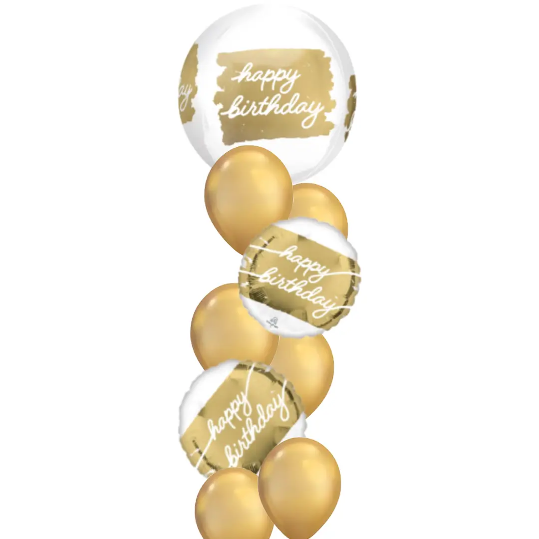 Happy birthday gold white orbs bouquet